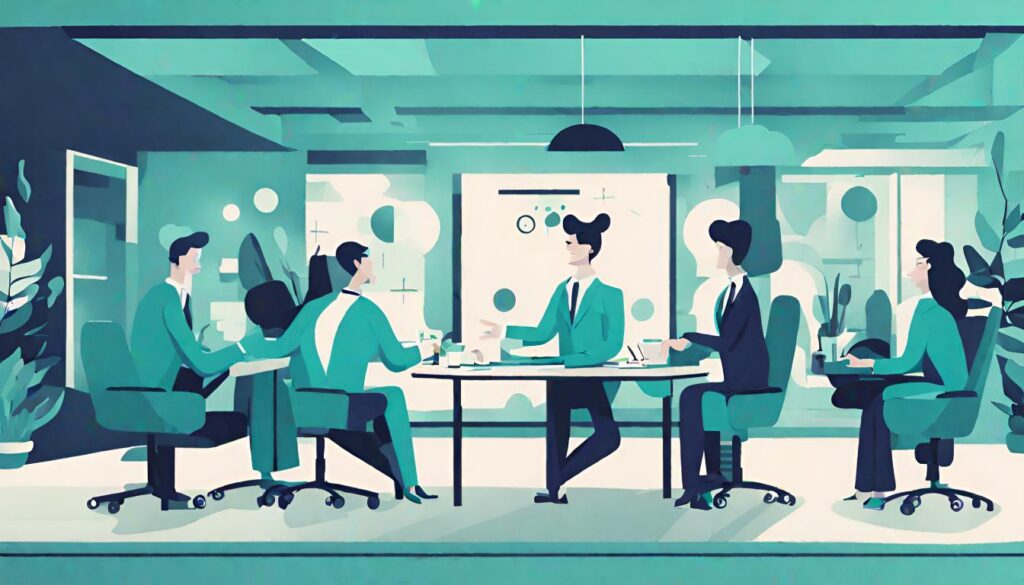 Illustration of business employees sitting in a conference room discussing with each other. There are plants int he background and they are all sitting on rolling chairs.