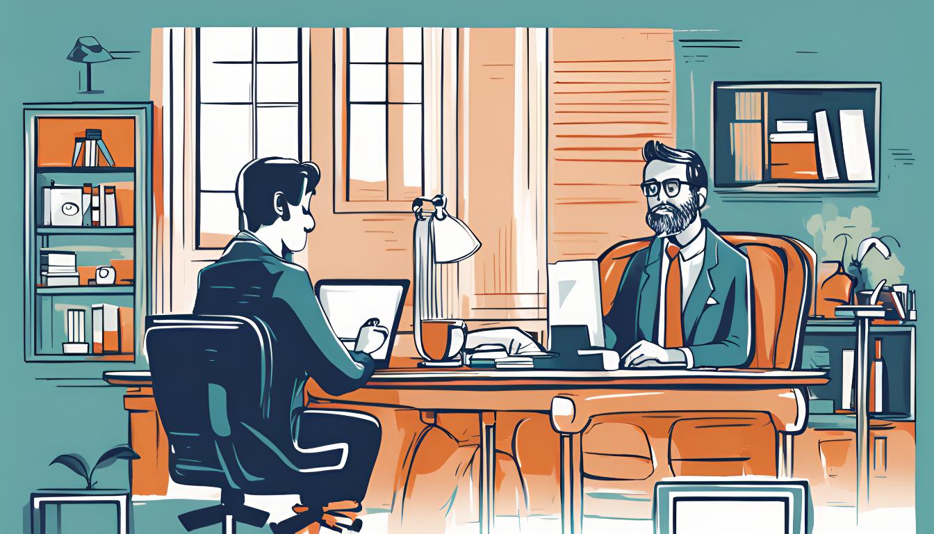 Illustration of two businessmen sitting at a desk across from each other.